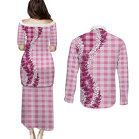 Pink Hawaii Palaka Couples Matching Puletasi and Long Sleeve Button Shirt Hawaiian Honohono Lei