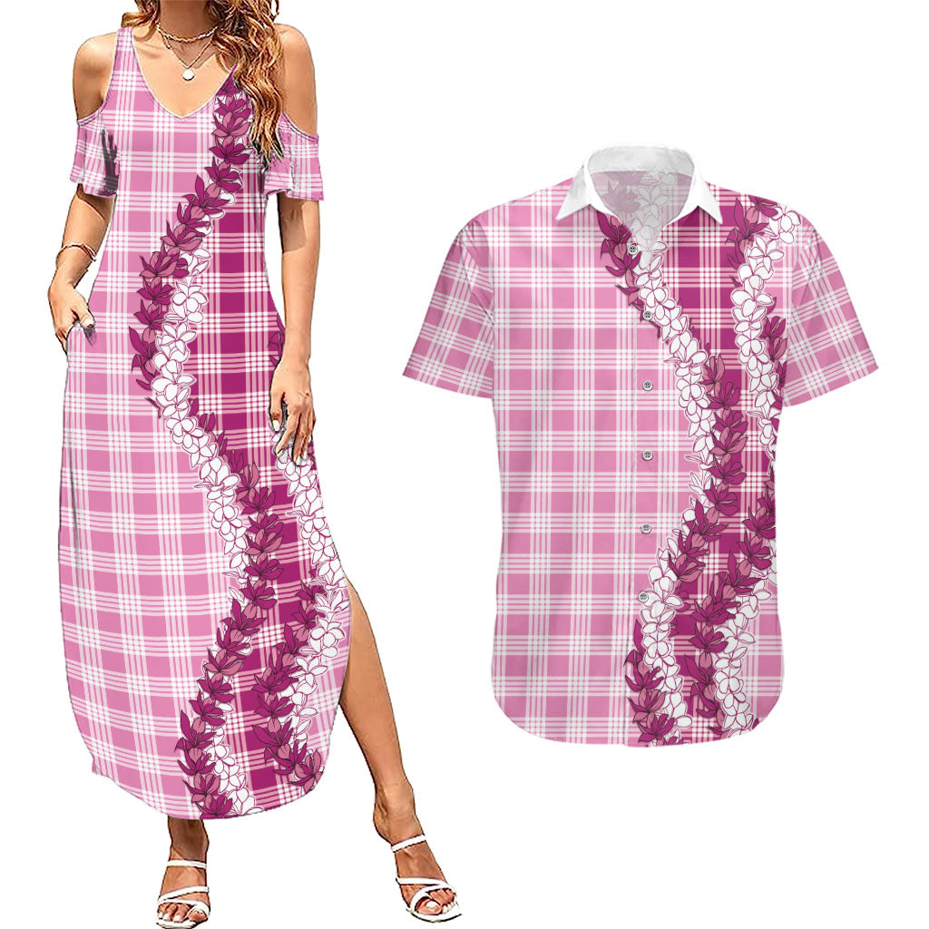 Pink Hawaii Palaka Couples Matching Summer Maxi Dress and Hawaiian Shirt Hawaiian Honohono Lei LT05 Pink - Polynesian Pride