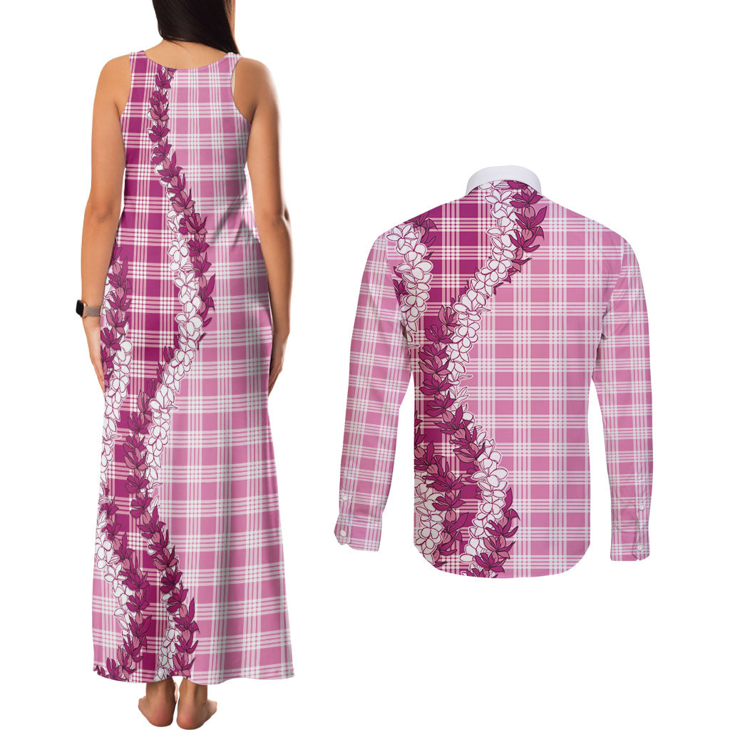 Pink Hawaii Palaka Couples Matching Tank Maxi Dress and Long Sleeve Button Shirt Hawaiian Honohono Lei