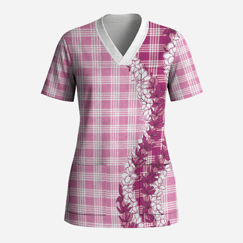 Pink Hawaii Palaka Scrub Top Hawaiian Honohono Lei