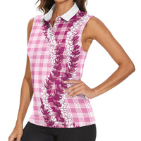 Pink Hawaii Palaka Women Sleeveless Polo Shirt Hawaiian Honohono Lei