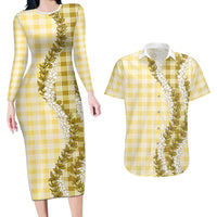 Yellow Hawaii Palaka Couples Matching Long Sleeve Bodycon Dress and Hawaiian Shirt Hawaiian Honohono Lei LT05 Yellow - Polynesian Pride