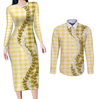 Yellow Hawaii Palaka Couples Matching Long Sleeve Bodycon Dress and Long Sleeve Button Shirt Hawaiian Honohono Lei LT05 Yellow - Polynesian Pride