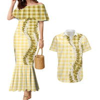 Yellow Hawaii Palaka Couples Matching Mermaid Dress and Hawaiian Shirt Hawaiian Honohono Lei
