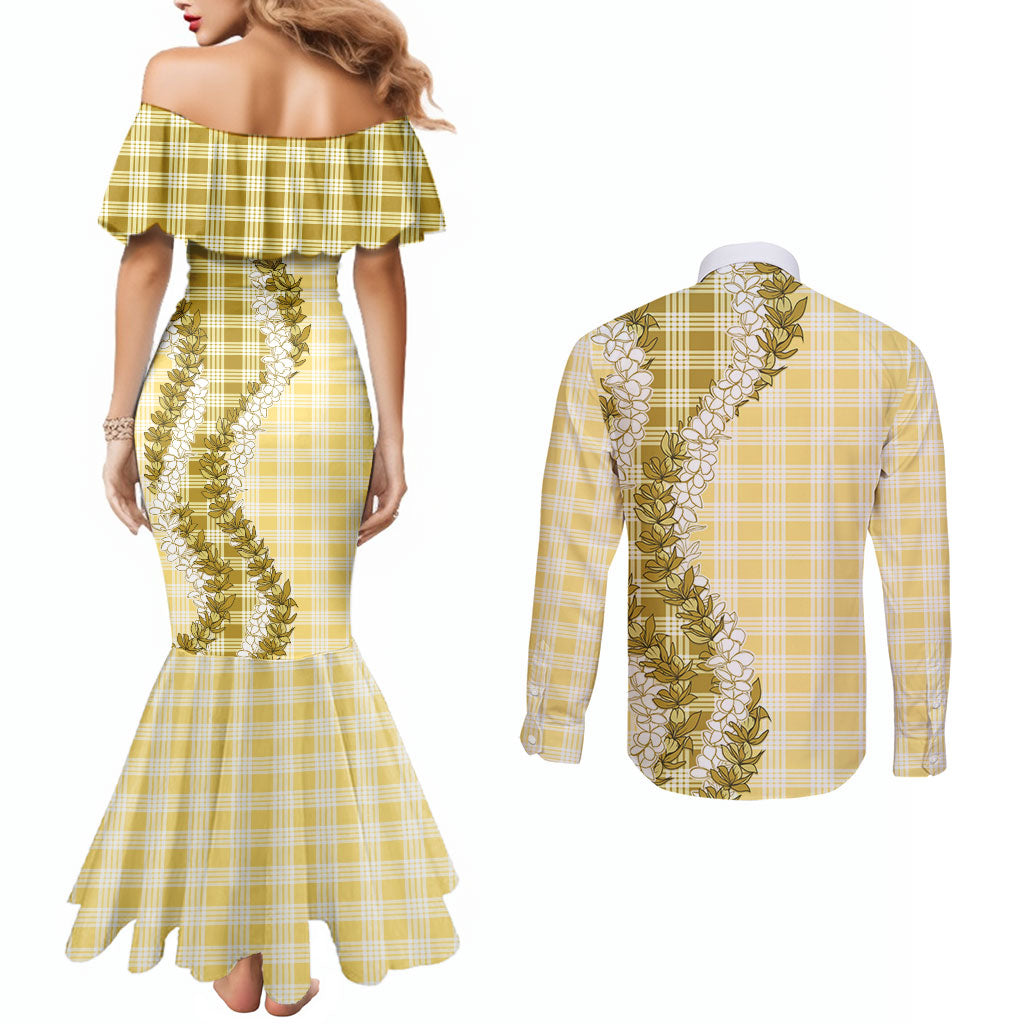 Yellow Hawaii Palaka Couples Matching Mermaid Dress and Long Sleeve Button Shirt Hawaiian Honohono Lei LT05 - Polynesian Pride