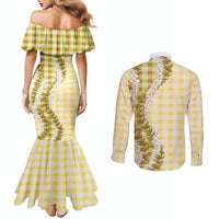 Yellow Hawaii Palaka Couples Matching Mermaid Dress and Long Sleeve Button Shirt Hawaiian Honohono Lei LT05 - Polynesian Pride