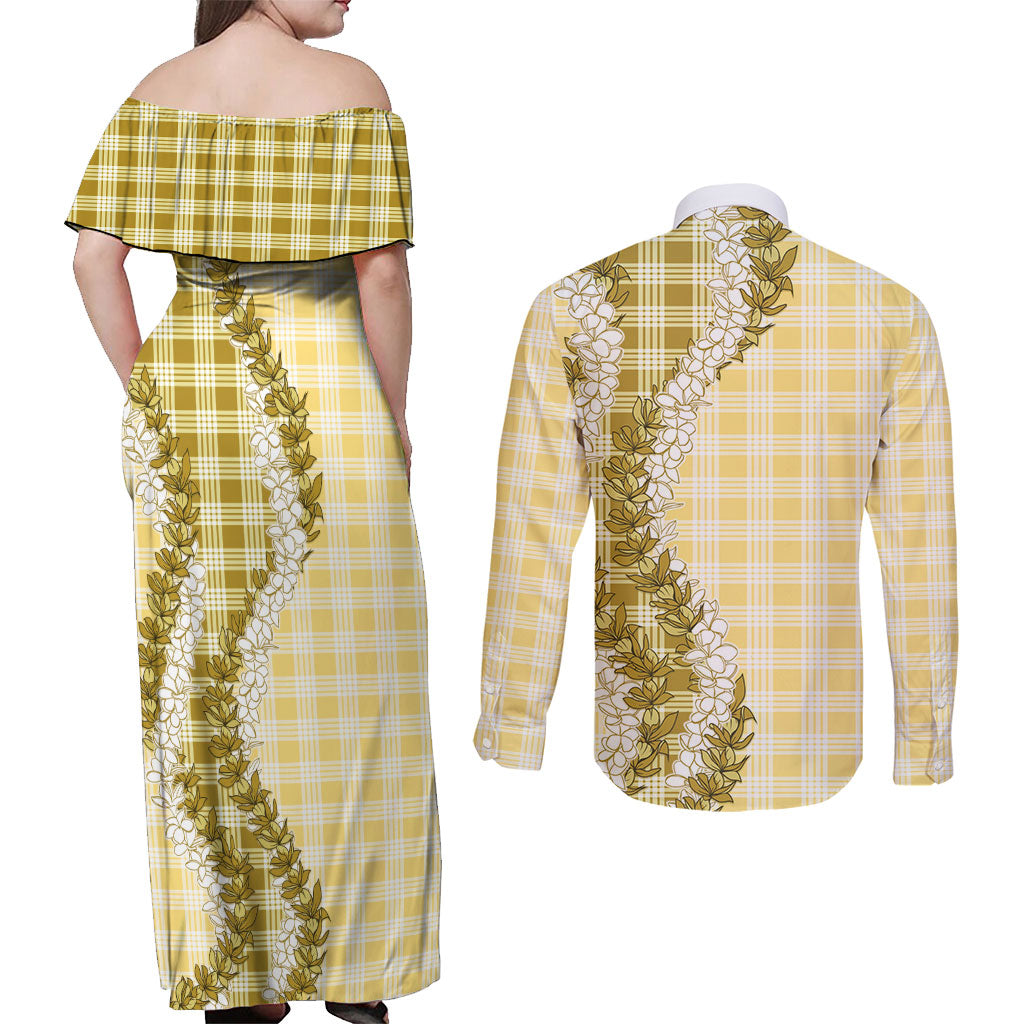 Yellow Hawaii Palaka Couples Matching Off Shoulder Maxi Dress and Long Sleeve Button Shirt Hawaiian Honohono Lei