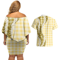 Yellow Hawaii Palaka Couples Matching Off Shoulder Short Dress and Hawaiian Shirt Hawaiian Honohono Lei LT05 - Polynesian Pride