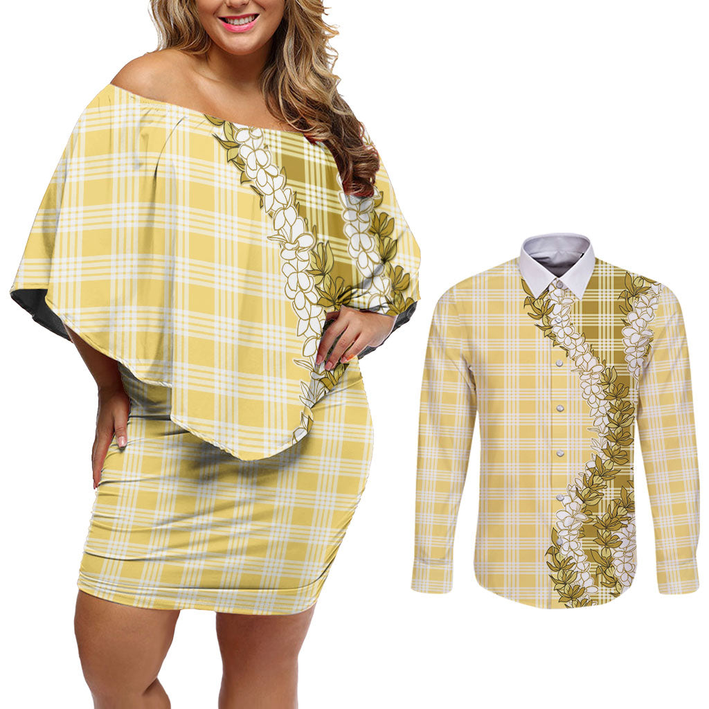 Yellow Hawaii Palaka Couples Matching Off Shoulder Short Dress and Long Sleeve Button Shirt Hawaiian Honohono Lei