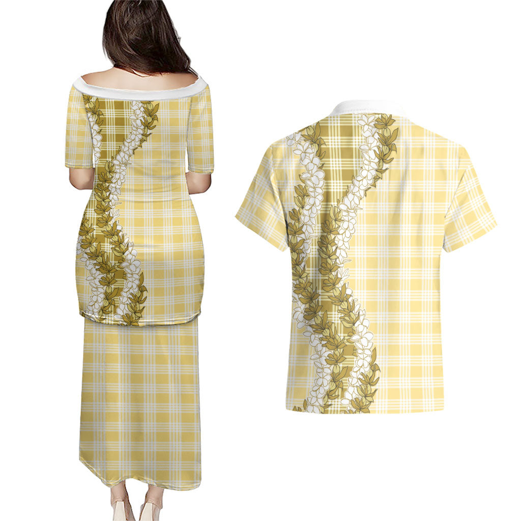 Yellow Hawaii Palaka Couples Matching Puletasi and Hawaiian Shirt Hawaiian Honohono Lei