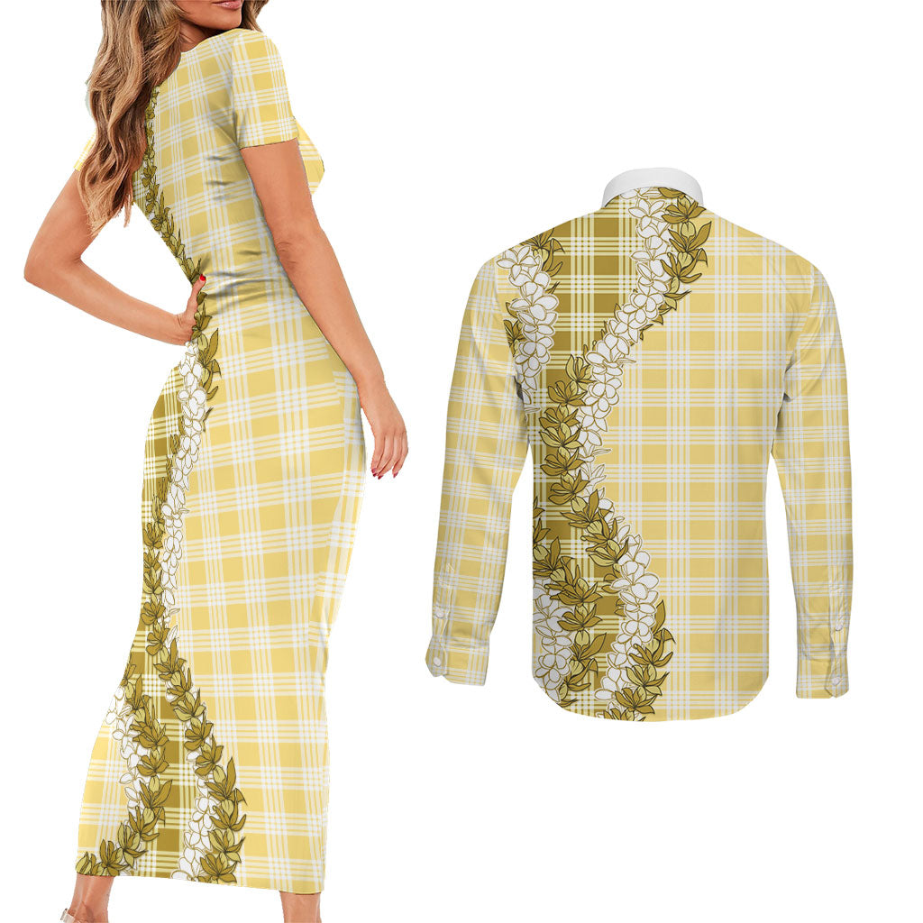 Yellow Hawaii Palaka Couples Matching Short Sleeve Bodycon Dress and Long Sleeve Button Shirt Hawaiian Honohono Lei LT05 - Polynesian Pride