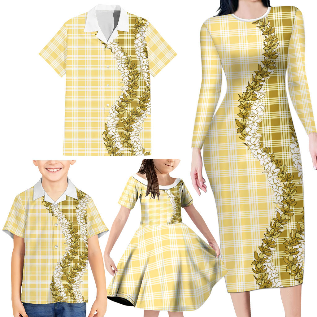 Yellow Hawaii Palaka Family Matching Long Sleeve Bodycon Dress and Hawaiian Shirt Hawaiian Honohono Lei LT05 - Polynesian Pride