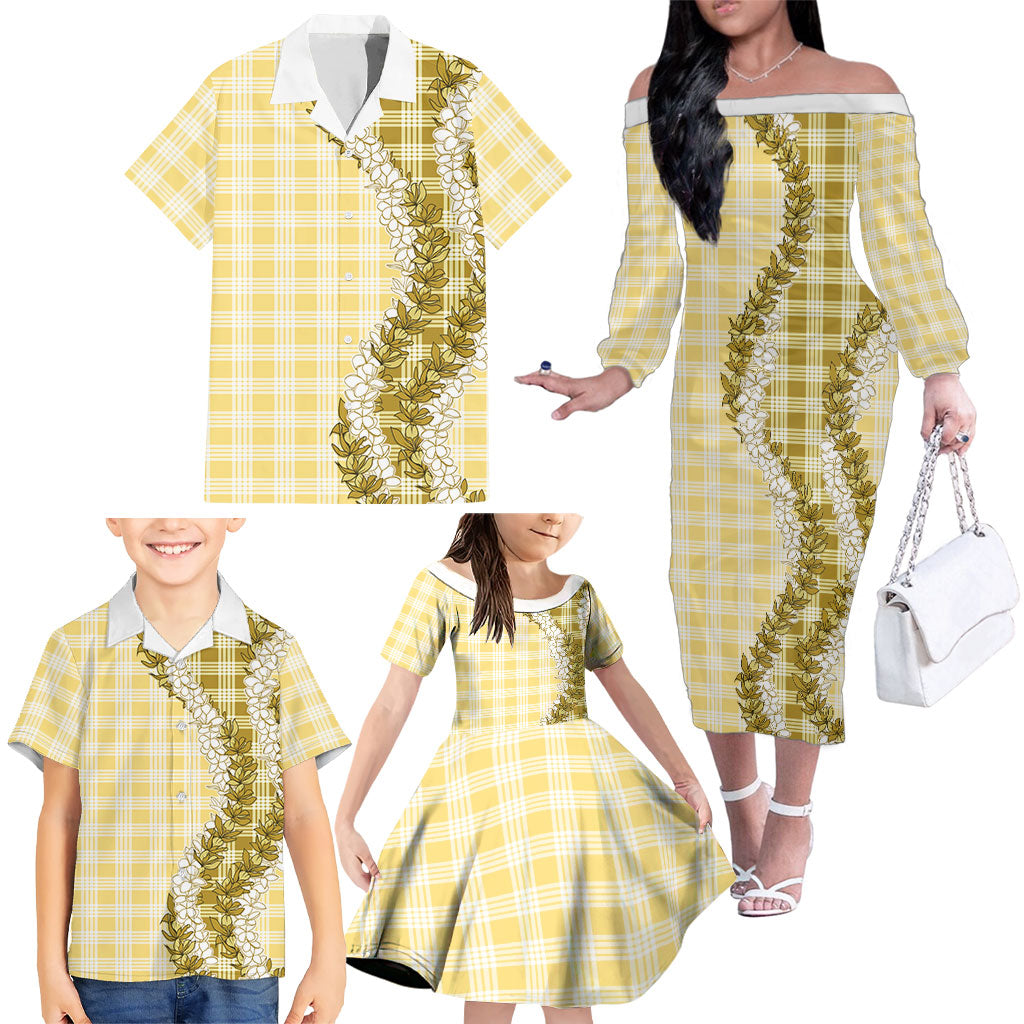 Yellow Hawaii Palaka Family Matching Off The Shoulder Long Sleeve Dress and Hawaiian Shirt Hawaiian Honohono Lei