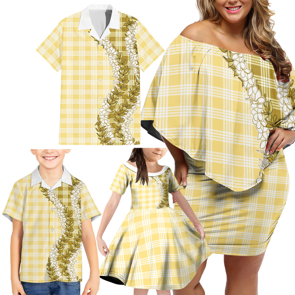 Yellow Hawaii Palaka Family Matching Off Shoulder Short Dress and Hawaiian Shirt Hawaiian Honohono Lei LT05 - Polynesian Pride