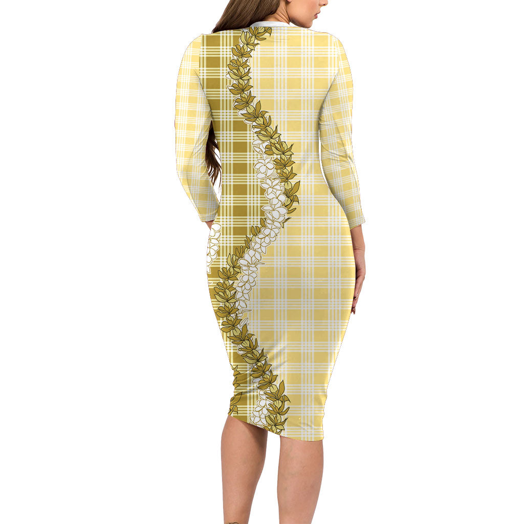 Yellow Hawaii Palaka Long Sleeve Bodycon Dress Hawaiian Honohono Lei
