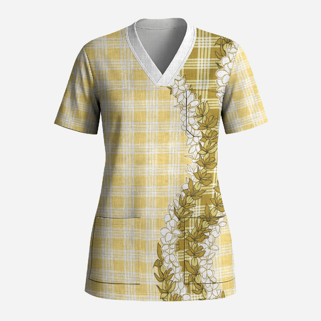 Yellow Hawaii Palaka Scrub Top Hawaiian Honohono Lei