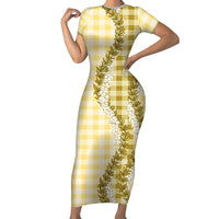 Yellow Hawaii Palaka Short Sleeve Bodycon Dress Hawaiian Honohono Lei