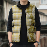 Yellow Hawaii Palaka Sleeveless Puffer Jacket Hawaiian Honohono Lei