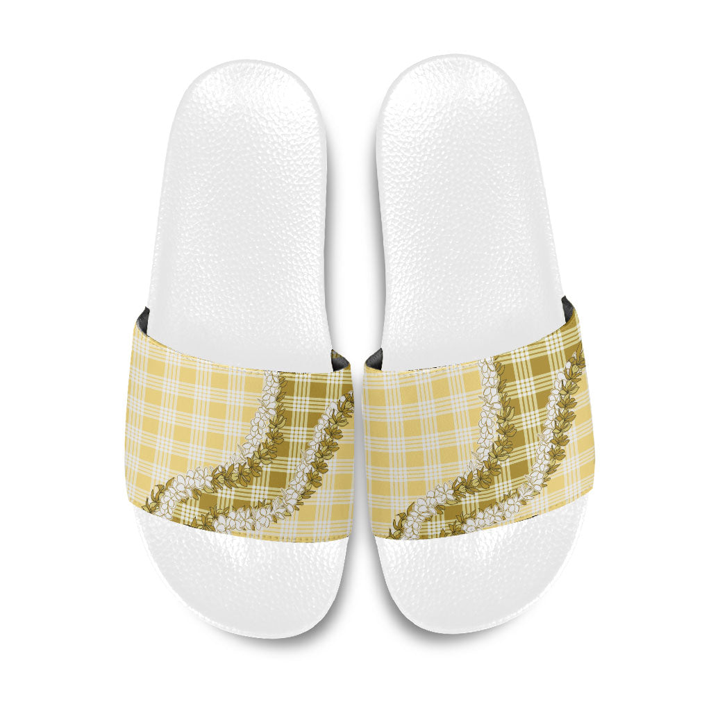 Yellow Hawaii Palaka Slide Sandals Hawaiian Honohono Lei