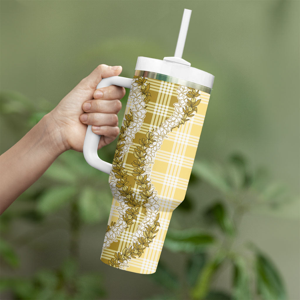 Yellow Hawaii Palaka Tumbler With Handle Hawaiian Honohono Lei