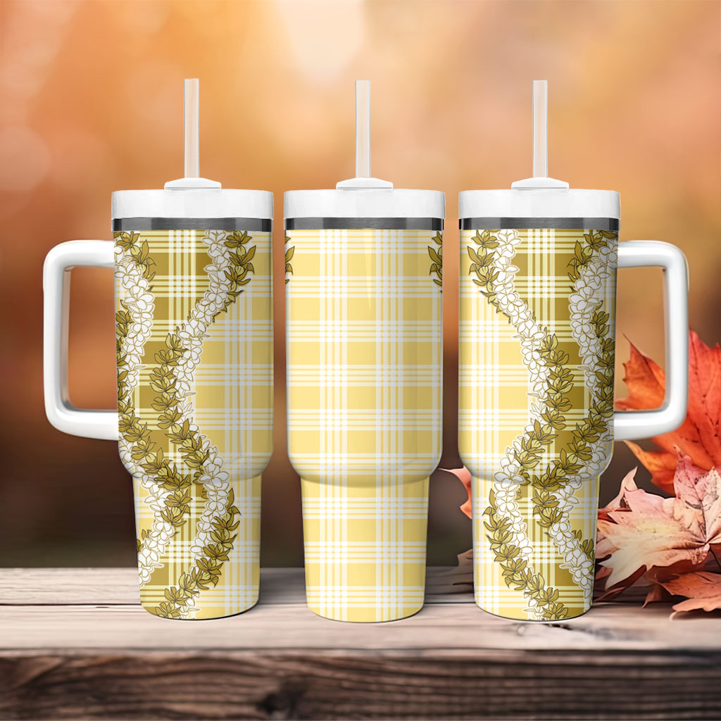 Yellow Hawaii Palaka Tumbler With Handle Hawaiian Honohono Lei