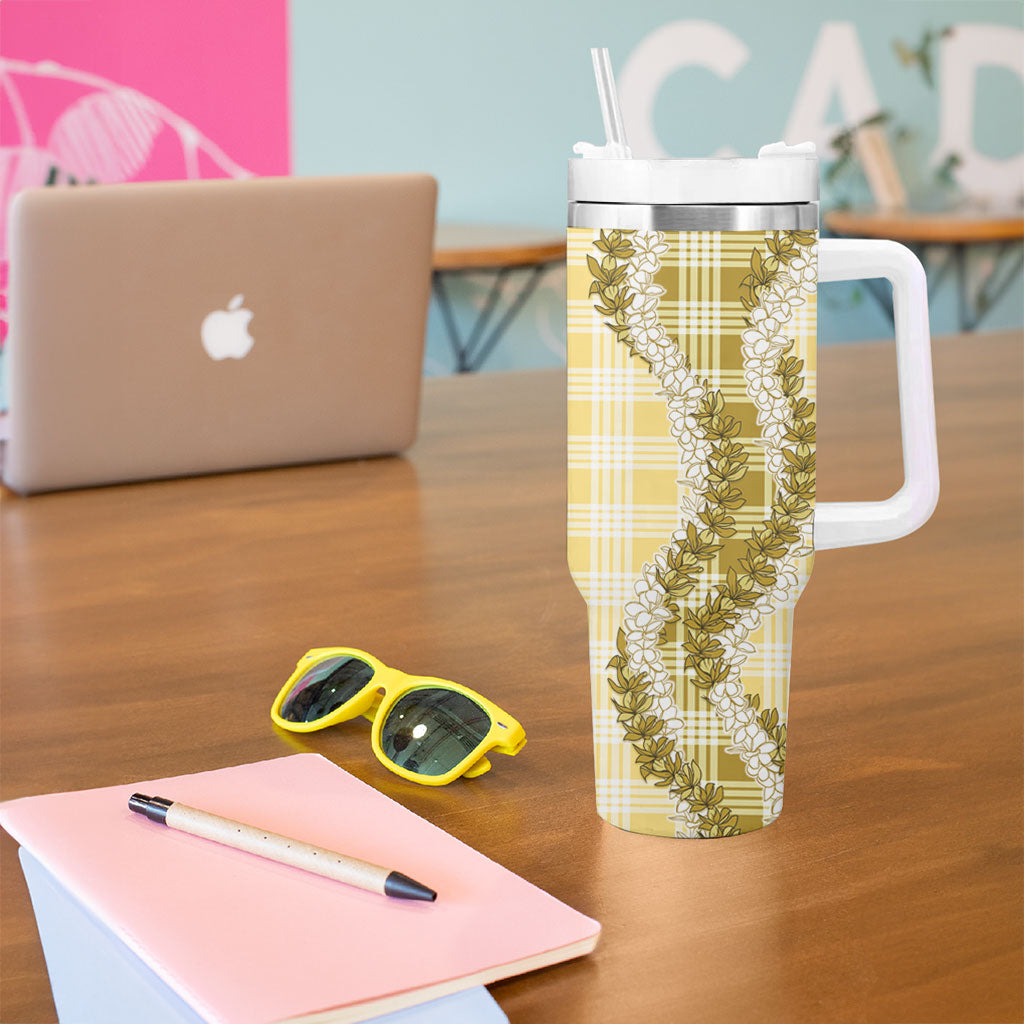 Yellow Hawaii Palaka Tumbler With Handle Hawaiian Honohono Lei