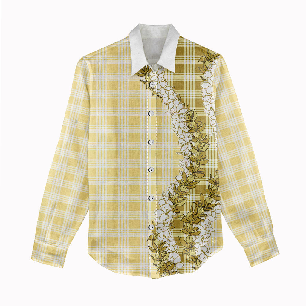 Yellow Hawaii Palaka Women Casual Shirt Hawaiian Honohono Lei