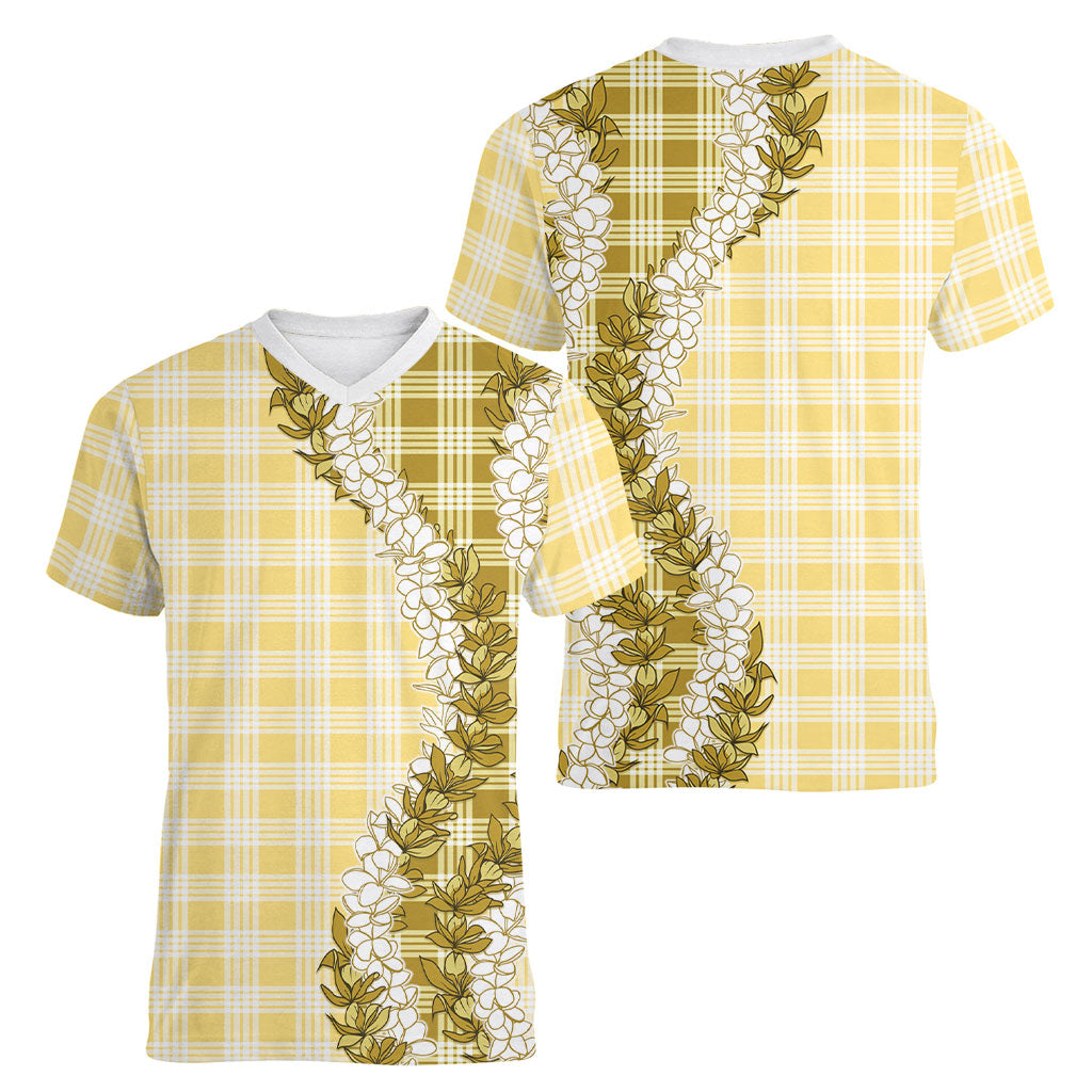 Yellow Hawaii Palaka Women V-Neck T-Shirt Hawaiian Honohono Lei