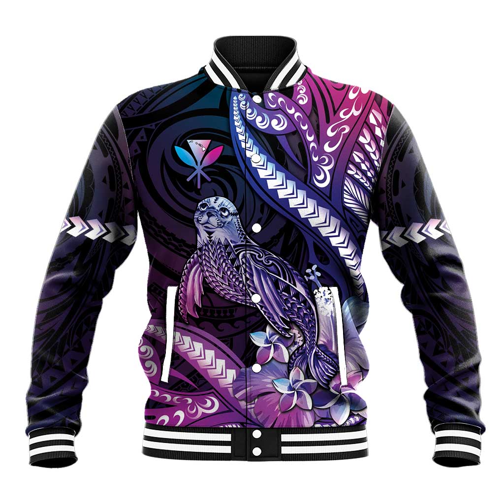 Hawaiian Monk Seal Baseball Jacket Kakau Tribal Pattern Violet Gradient