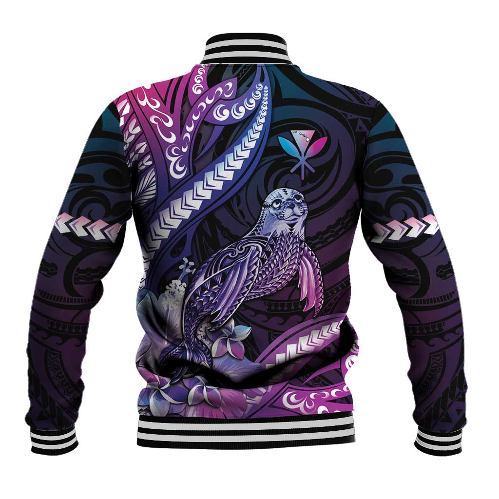 Hawaiian Monk Seal Baseball Jacket Kakau Tribal Pattern Violet Gradient