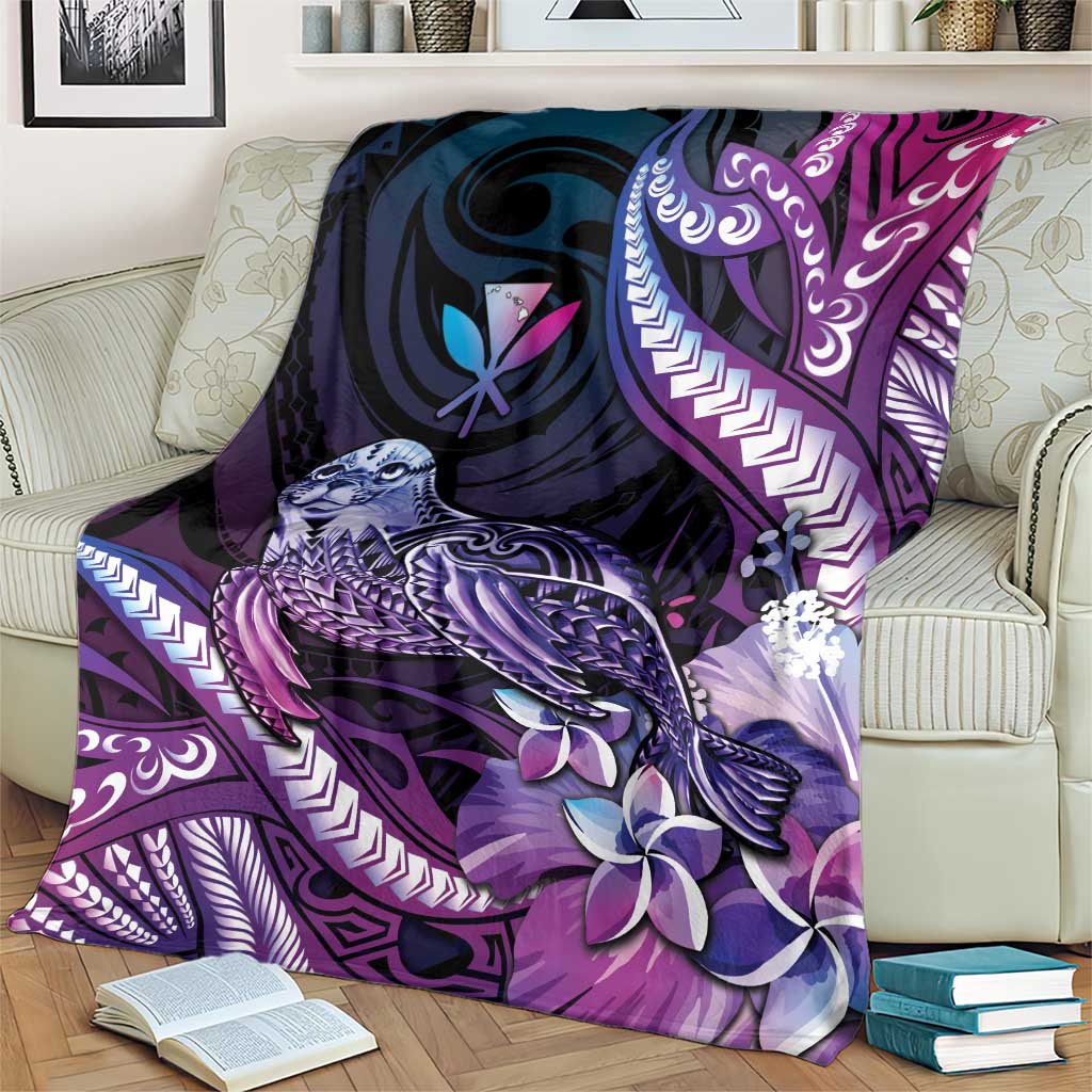Hawaiian Monk Seal Blanket Kakau Tribal Pattern Violet Gradient