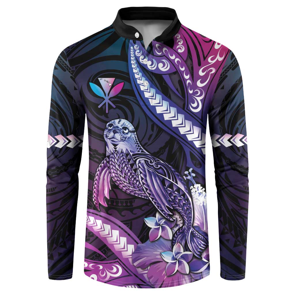 Hawaiian Monk Seal Button Sweatshirt Kakau Tribal Pattern Violet Gradient