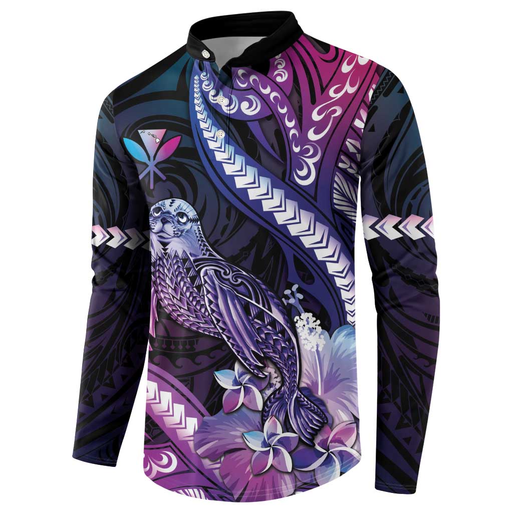 Hawaiian Monk Seal Button Sweatshirt Kakau Tribal Pattern Violet Gradient