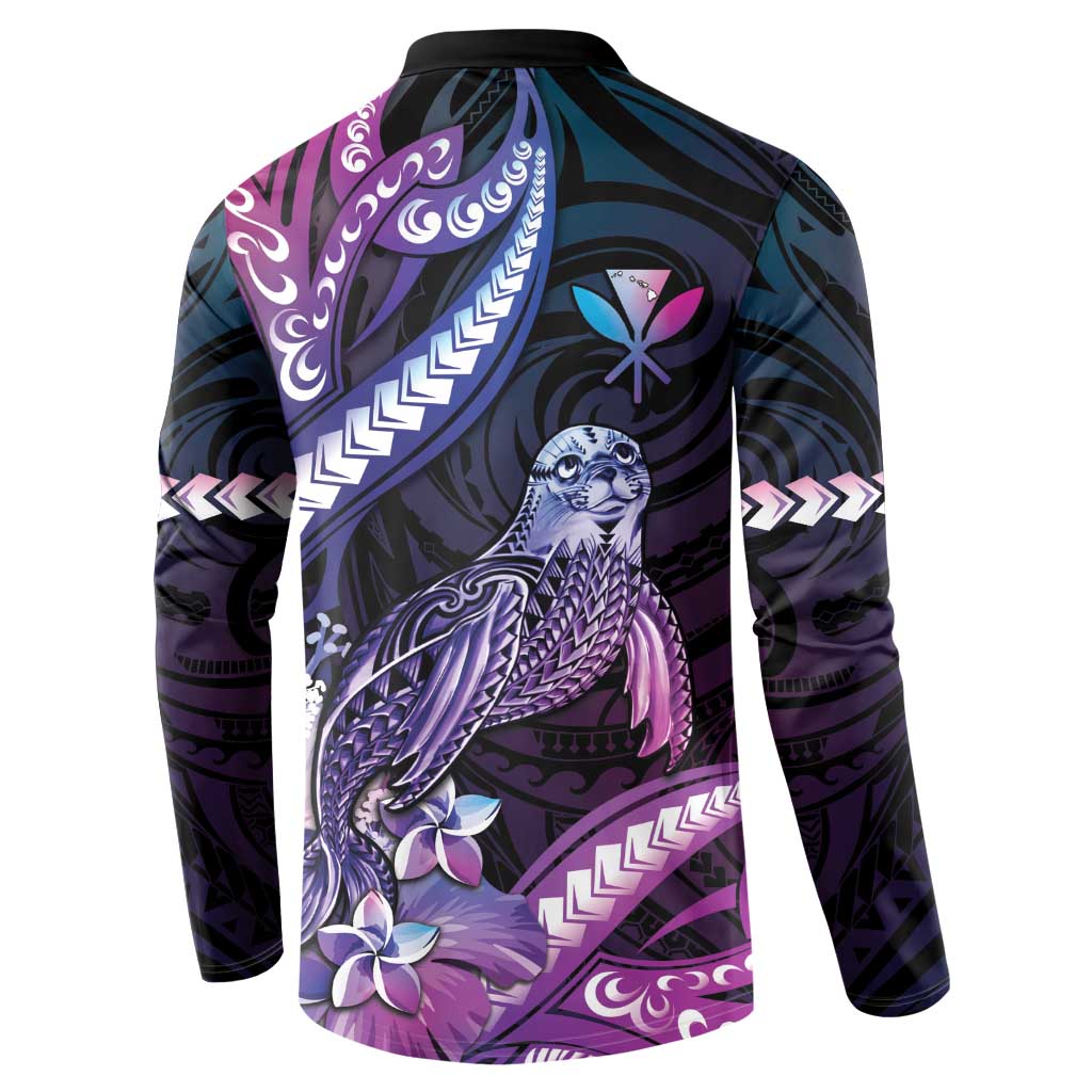 Hawaiian Monk Seal Button Sweatshirt Kakau Tribal Pattern Violet Gradient