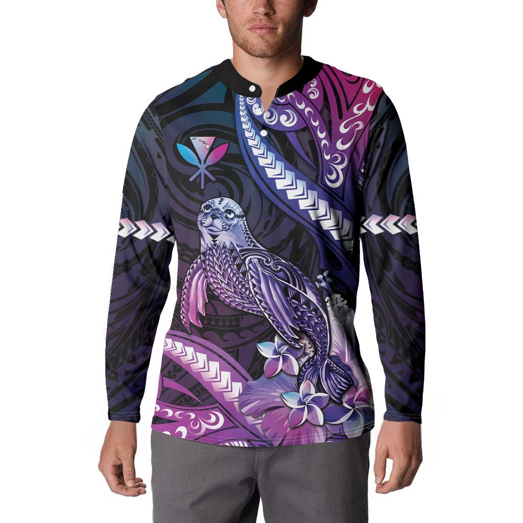 Hawaiian Monk Seal Button Sweatshirt Kakau Tribal Pattern Violet Gradient