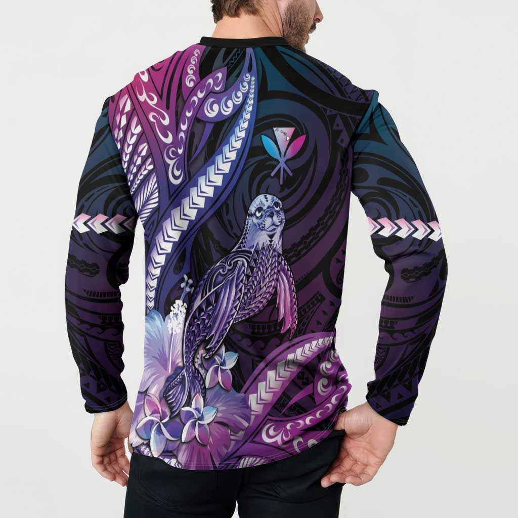 Hawaiian Monk Seal Button Sweatshirt Kakau Tribal Pattern Violet Gradient