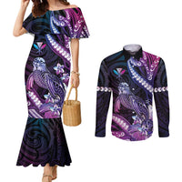 Hawaiian Monk Seal Couples Matching Mermaid Dress and Long Sleeve Button Shirt Kakau Tribal Pattern Violet Gradient