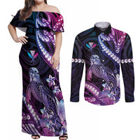 Hawaiian Monk Seal Couples Matching Off Shoulder Maxi Dress and Long Sleeve Button Shirt Kakau Tribal Pattern Violet Gradient