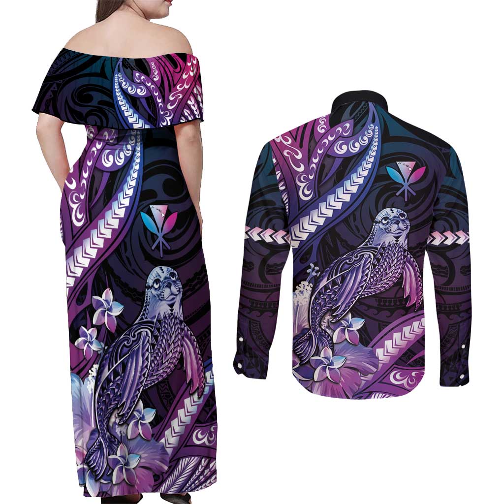 Hawaiian Monk Seal Couples Matching Off Shoulder Maxi Dress and Long Sleeve Button Shirt Kakau Tribal Pattern Violet Gradient