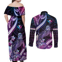 Hawaiian Monk Seal Couples Matching Off Shoulder Maxi Dress and Long Sleeve Button Shirt Kakau Tribal Pattern Violet Gradient