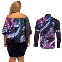Hawaiian Monk Seal Couples Matching Off Shoulder Short Dress and Long Sleeve Button Shirt Kakau Tribal Pattern Violet Gradient