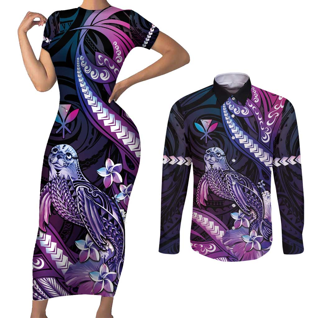 Hawaiian Monk Seal Couples Matching Short Sleeve Bodycon Dress and Long Sleeve Button Shirt Kakau Tribal Pattern Violet Gradient