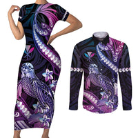 Hawaiian Monk Seal Couples Matching Short Sleeve Bodycon Dress and Long Sleeve Button Shirt Kakau Tribal Pattern Violet Gradient