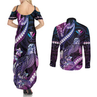 Hawaiian Monk Seal Couples Matching Summer Maxi Dress and Long Sleeve Button Shirt Kakau Tribal Pattern Violet Gradient