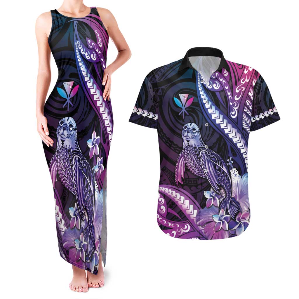 Hawaiian Monk Seal Couples Matching Tank Maxi Dress and Hawaiian Shirt Kakau Tribal Pattern Violet Gradient