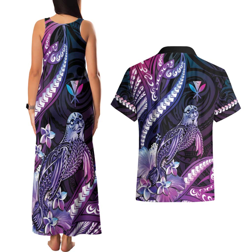 Hawaiian Monk Seal Couples Matching Tank Maxi Dress and Hawaiian Shirt Kakau Tribal Pattern Violet Gradient