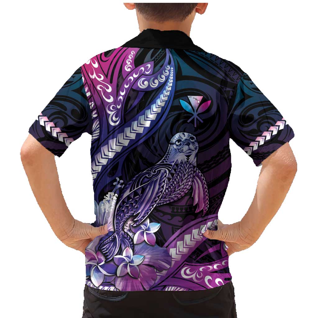 Hawaiian Monk Seal Family Matching Mermaid Dress and Hawaiian Shirt Kakau Tribal Pattern Violet Gradient