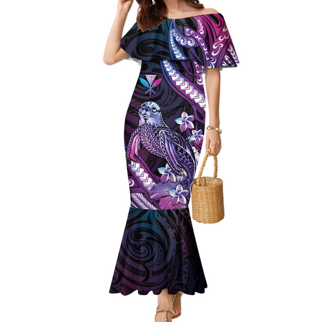 Hawaiian Monk Seal Family Matching Mermaid Dress and Hawaiian Shirt Kakau Tribal Pattern Violet Gradient