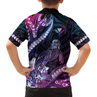 Hawaiian Monk Seal Family Matching Off Shoulder Short Dress and Hawaiian Shirt Kakau Tribal Pattern Violet Gradient