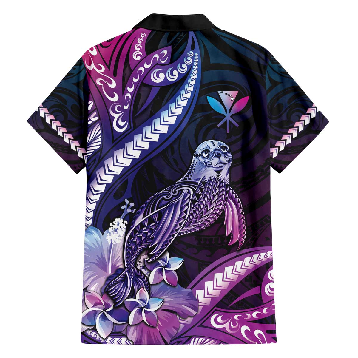 Hawaiian Monk Seal Family Matching Puletasi and Hawaiian Shirt Kakau Tribal Pattern Violet Gradient